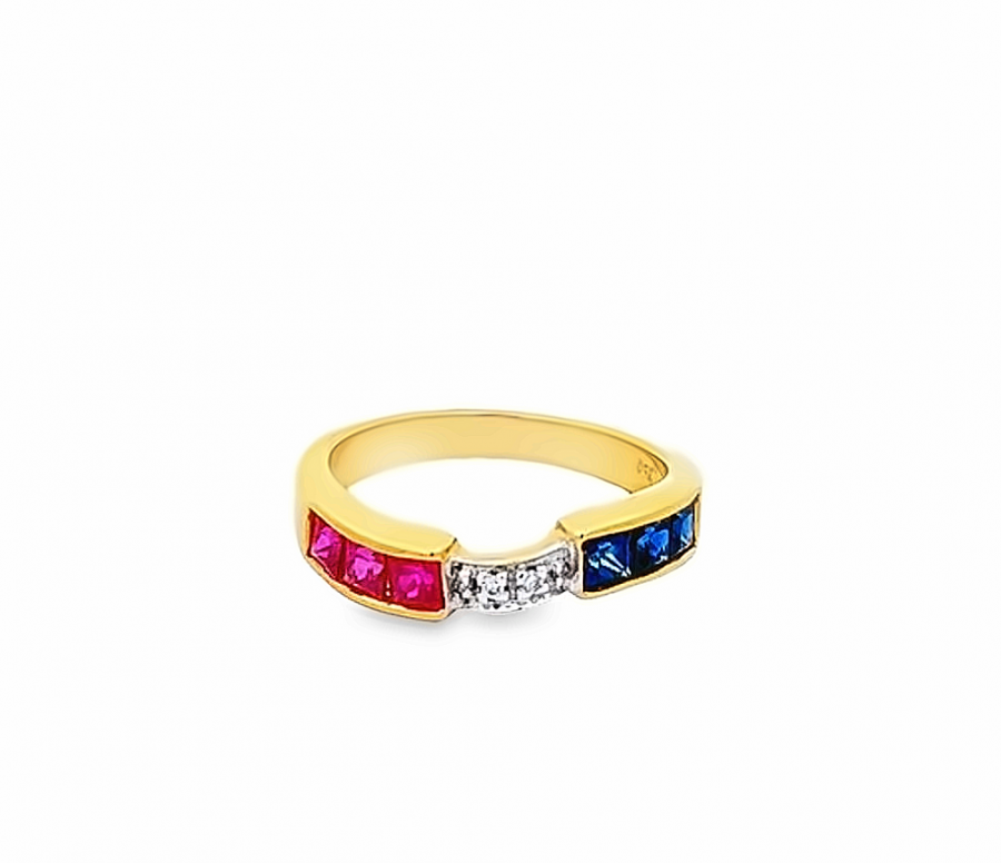  RING WITH COLOR STONES (DARK BLUE AND RED) AND YELLOW GOLD - 0.04 CARAT ROUND DIAMOND, CLARITY VS-SI, COLOR G-H