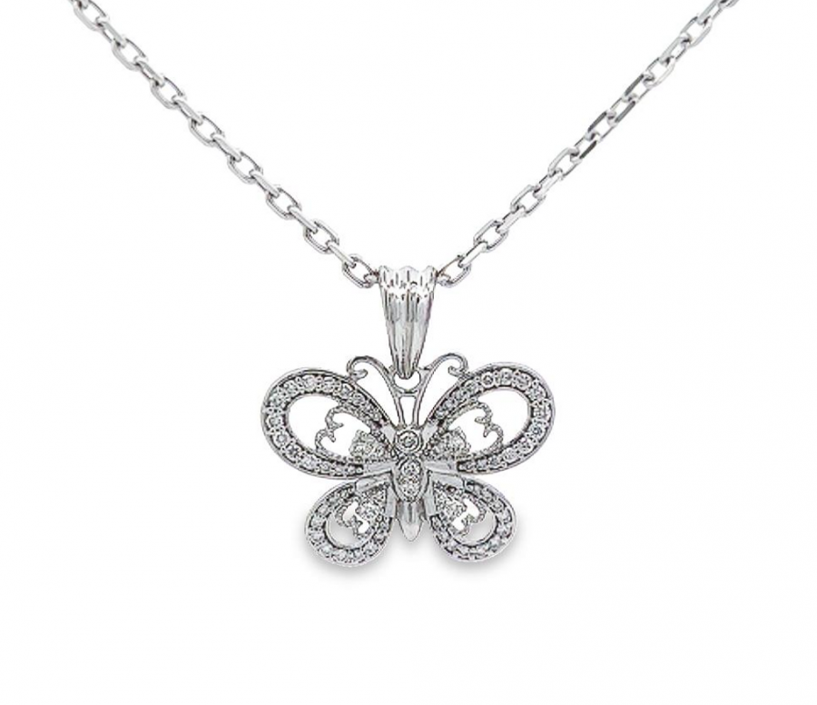  ELEGANT BUTTERFLY DESIGN NECKLACE IN WHITE GOLD WITH ROUND DIAMOND ACCENT, 0.37 CARAT