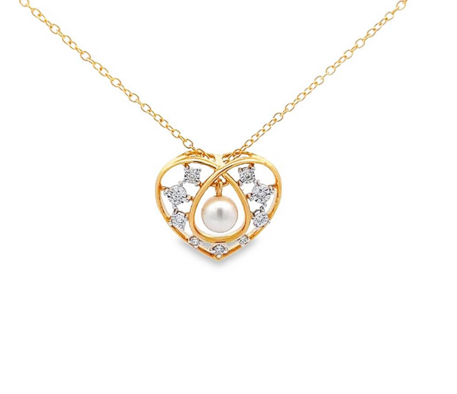 CHIC AND SOPHISTICATED YELLOW GOLD NECKLACE WITH DIAMOND ACCENT AND PEARL, 0.07 CARAT