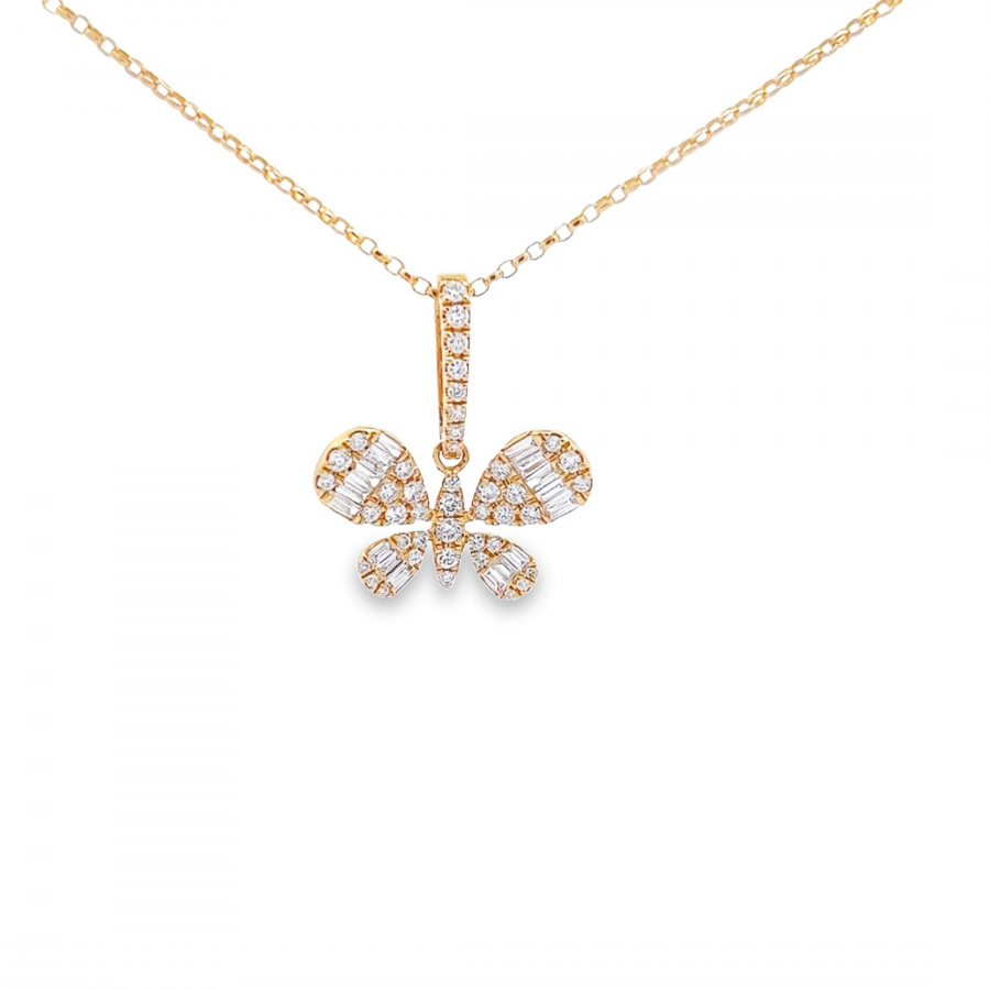  ELEGANT YELLOW GOLD NECKLACE WITH BUTTERFLY DESIGN DIAMOND ACCENT, 0.54 CARAT