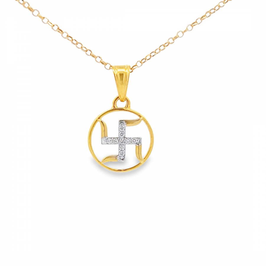 STRIKING YELLOW GOLD NECKLACE WITH SWASTIKA LOGO DESIGN AND ROUND DIAMOND ACCENT, 0.07 CARAT