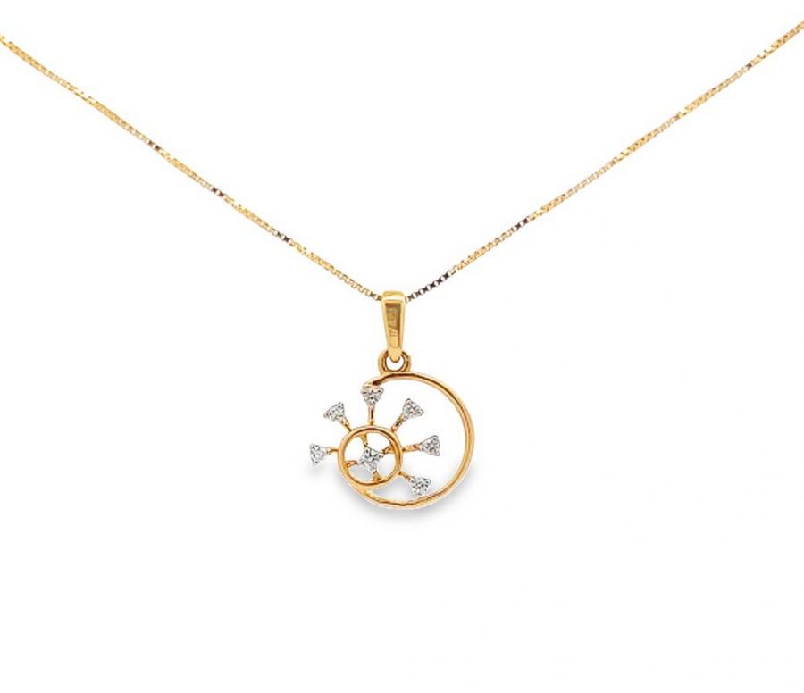  18K YELLOW GOLD NECKLACE WITH SHIP RUDDER DESIGN AND 0.05 CARAT ROUND DIAMOND