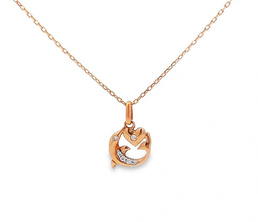 18K ROSE GOLD NECKLACE WITH DOLPHIN AND HEART DESIGN AND 0.05 CARAT ROUND DIAMOND