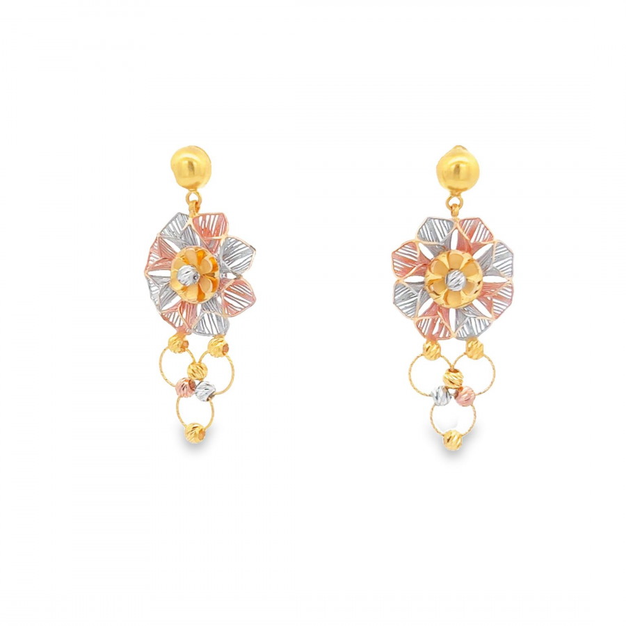 MAKE A STATEMENT WITH OUR THREE TONE 22K GOLD EARRINGS - CIRCLE AND FLOWER DESIGN