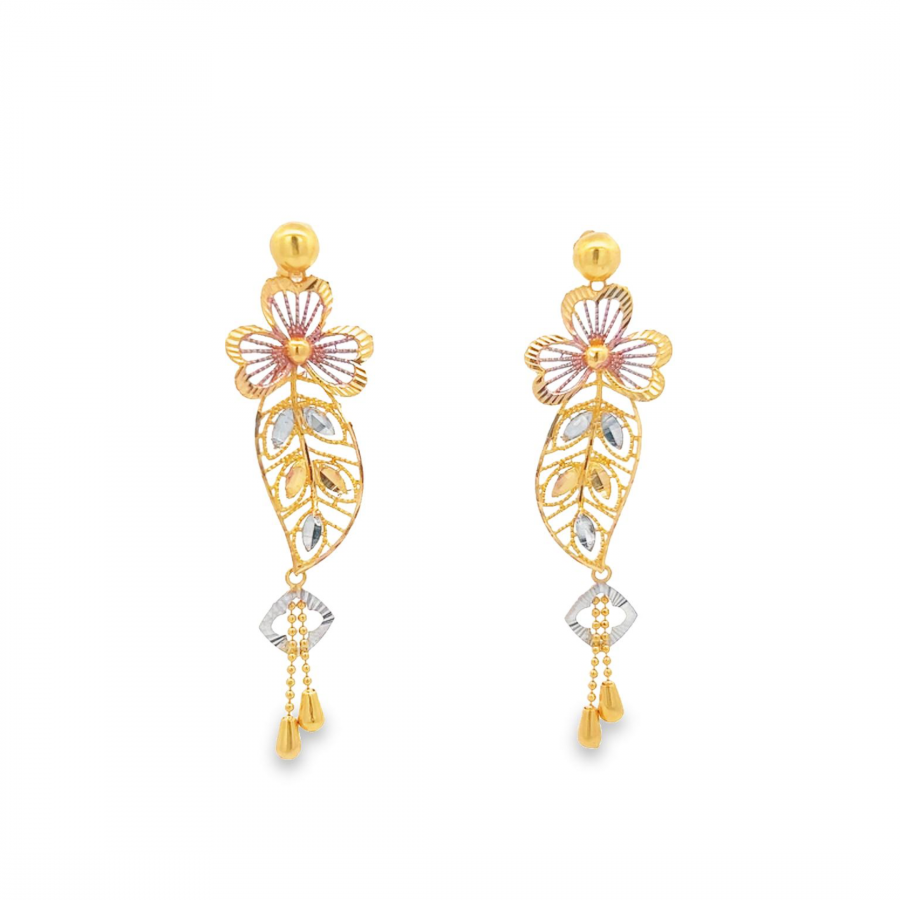 ADORN YOUR EARS WITH OUR THREE TONE 22K GOLD EARRINGS - FLOWER AND BIG LEAF DESIGN