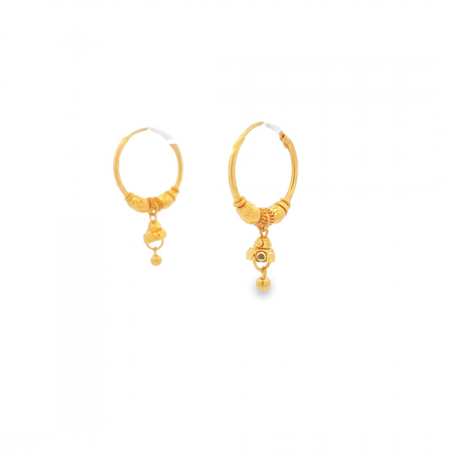 ADD SOME FUN TO YOUR LOOK WITH YELLOW GOLD CIRCLE EARRINGS FEATURING HANGING BELL DESIGN"