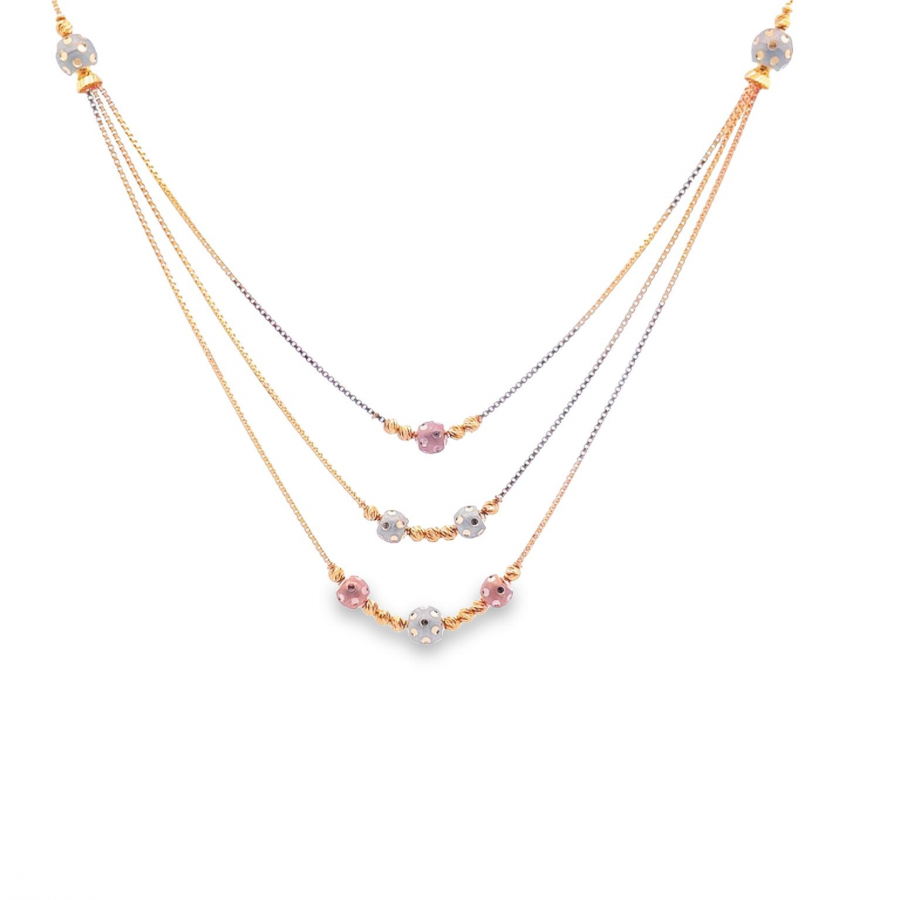 ELEVATE YOUR JEWELRY COLLECTION WITH OUR THREE LINE YELLOW GOLD NECKLACE FEATURING COLORFUL BALLS"
