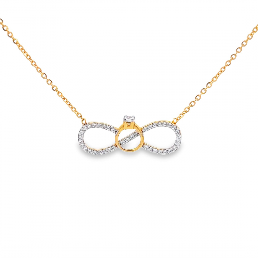 SHOW OFF YOUR UNIQUE STYLE WITH OUR YELLOW GOLD NECKLACE FEATURING INFINITY DESIGN AND SMALL RING"