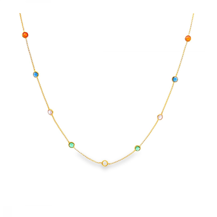 ADD A POP OF COLOR TO YOUR LOOK WITH OUR YELLOW GOLD NECKLACE FEATURING MULTICOLOR STONES IN A CIRCLE DESIGN"