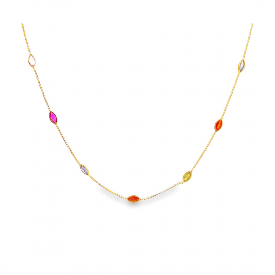MAKE A STATEMENT WITH OUR YELLOW GOLD NECKLACE FEATURING MULTICOLOR STONE MARQUISE DESIGN"
