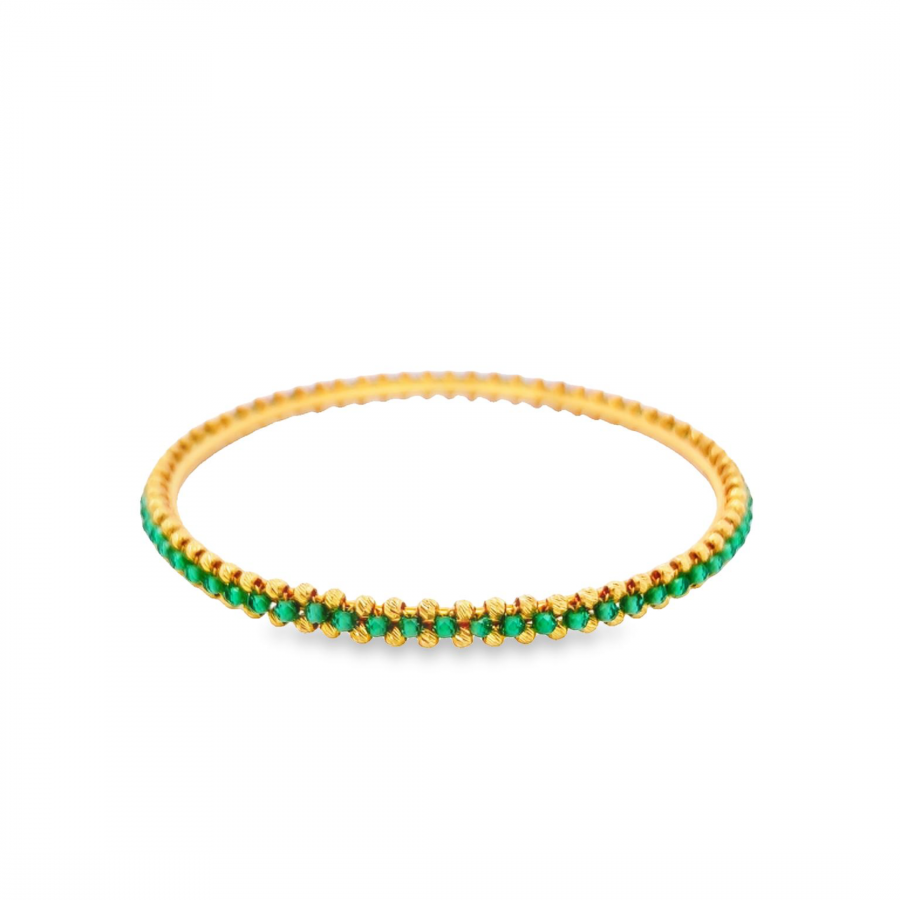 BEAUTIFUL 22K YELLOW GOLD BANGLE WITH GREEN MINA AND GOLD BALLS - GET YOURS TODAY!