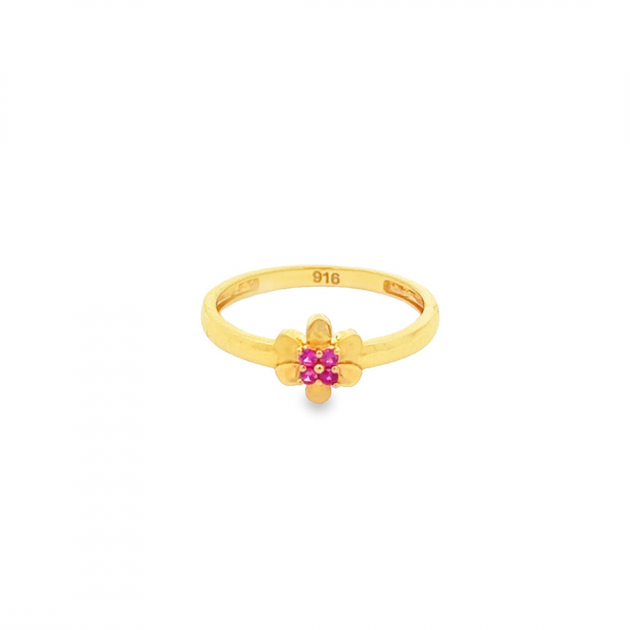STUNNING 22K YELLOW GOLD RING WITH FLOWER DESIGN AND PINK STONE