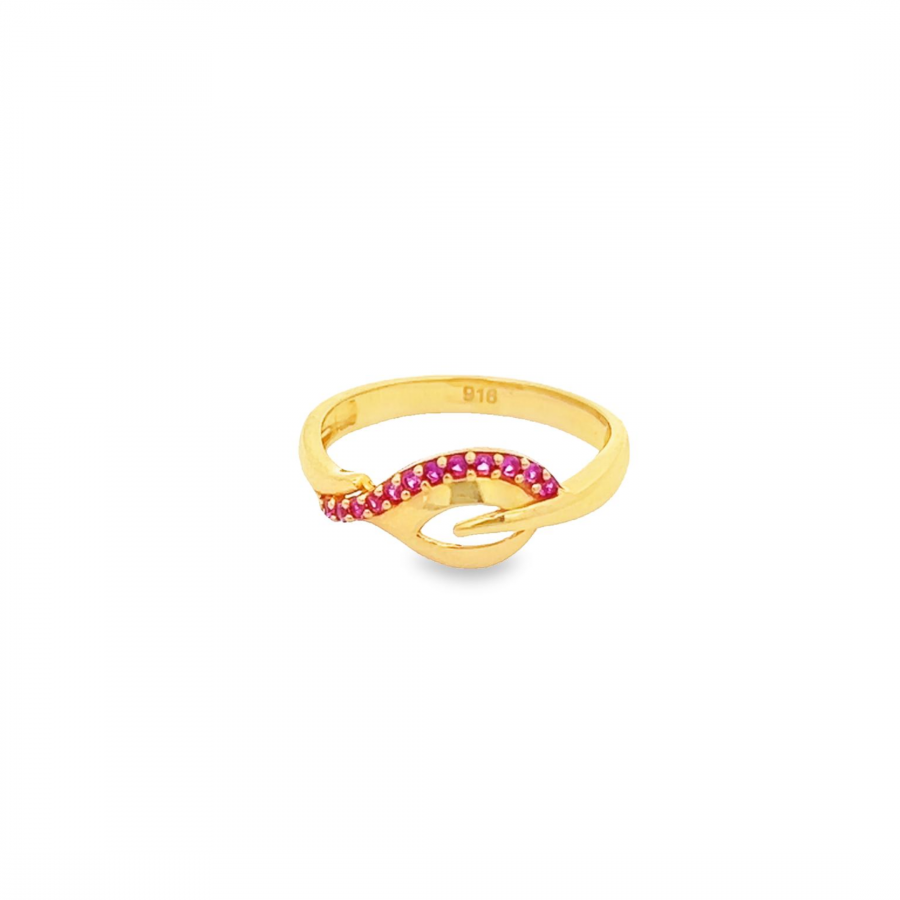 STYLISH 22K YELLOW GOLD RING WITH UNIQUE DESIGN AND PINK STONE