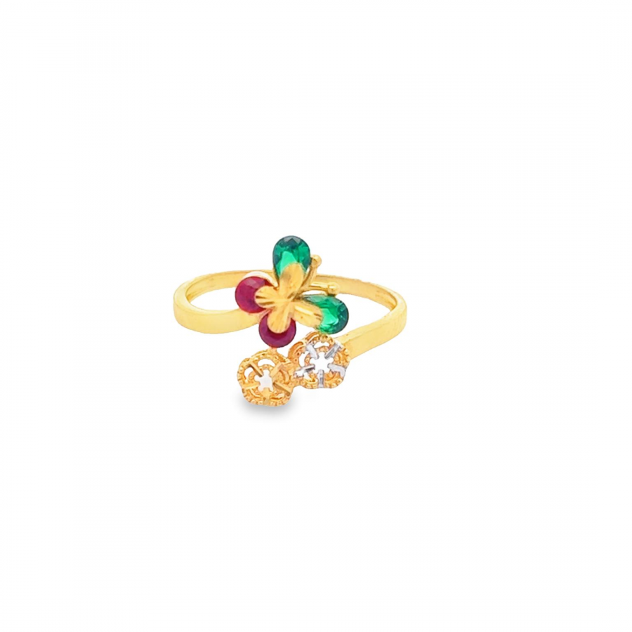 UNIQUE 22K YELLOW GOLD RING WITH STUNNING BUTTER GREEN AND DARK RED COLORS