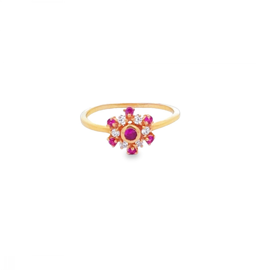 EMBRACE THE WINTER SEASON WITH OUR YELLOW GOLD 22K RING FEATURING SNOWFLAKE DESIGN AND PINK STONE